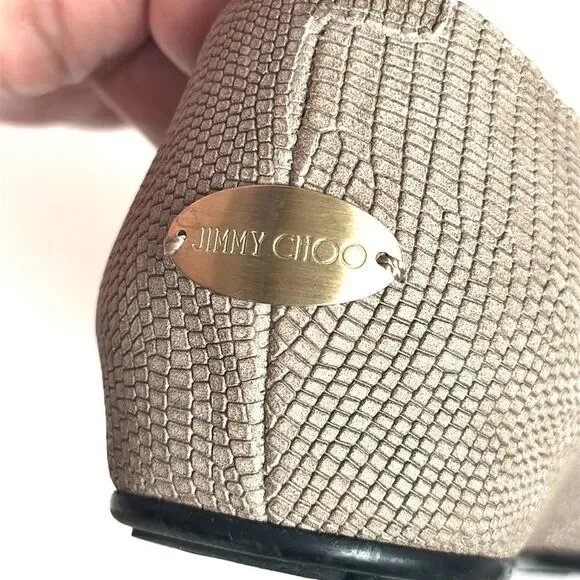 Jimmy Choo WRAY Ballet Flats Printed Leather Nude Gold Logo Medallion Italy US 7